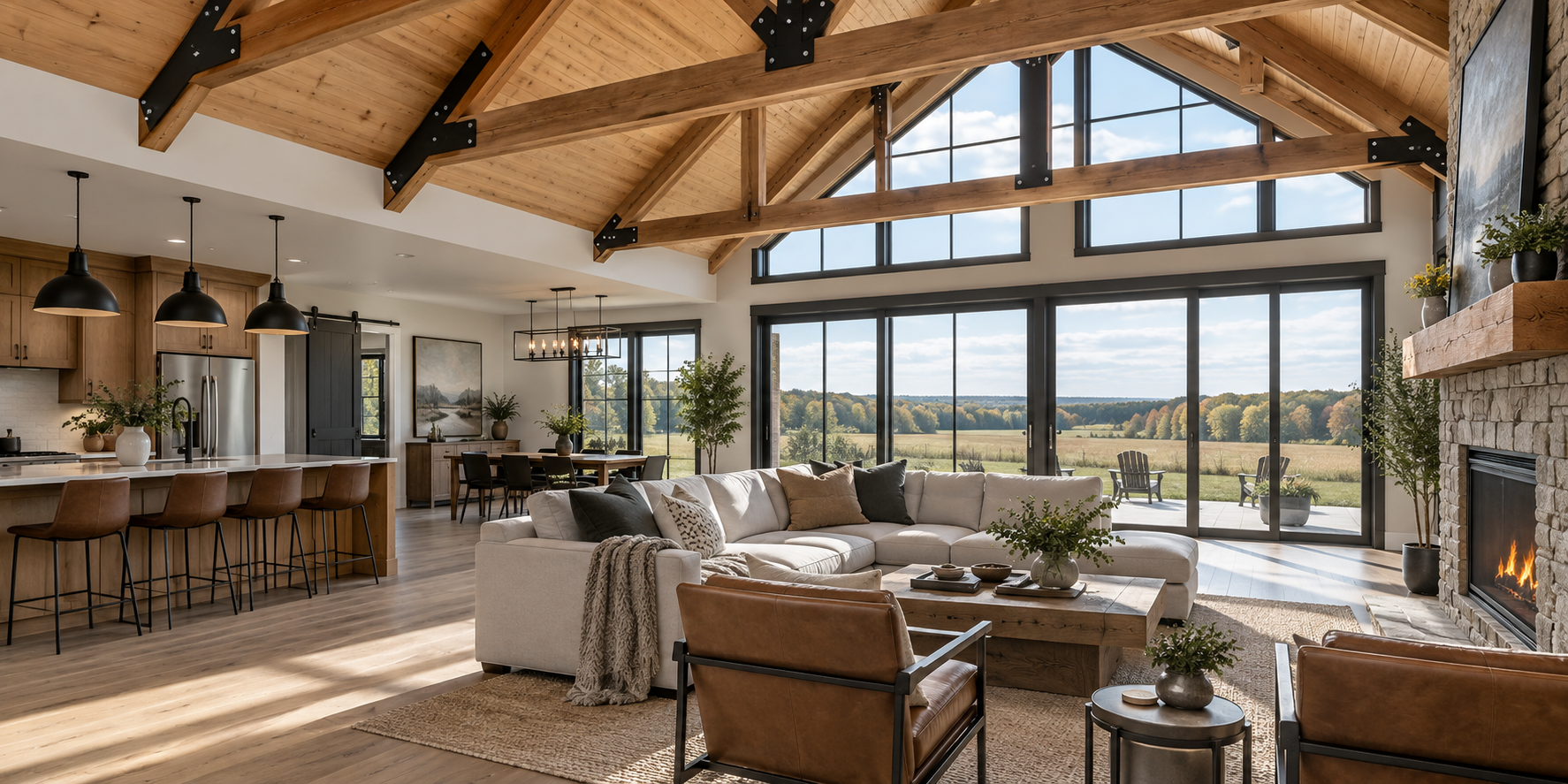 Modern barndominium great room with timber framing, steel details and large rural-view windows