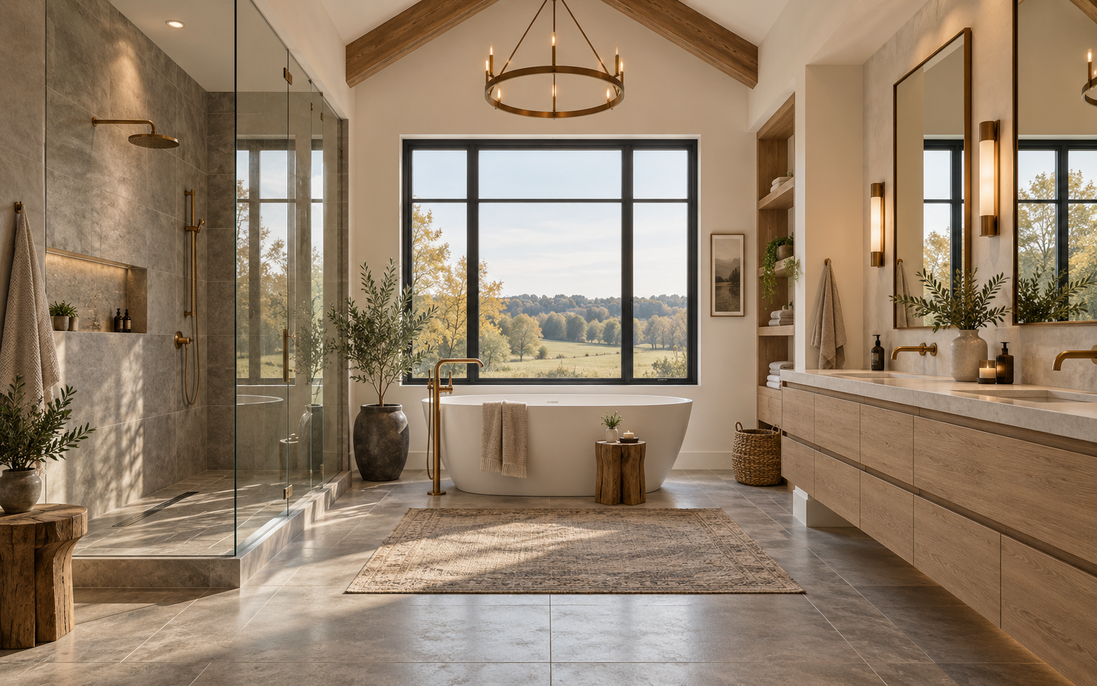 Luxury barndominium bathroom with vaulted ceiling, walk-in shower, freestanding tub and black-framed window