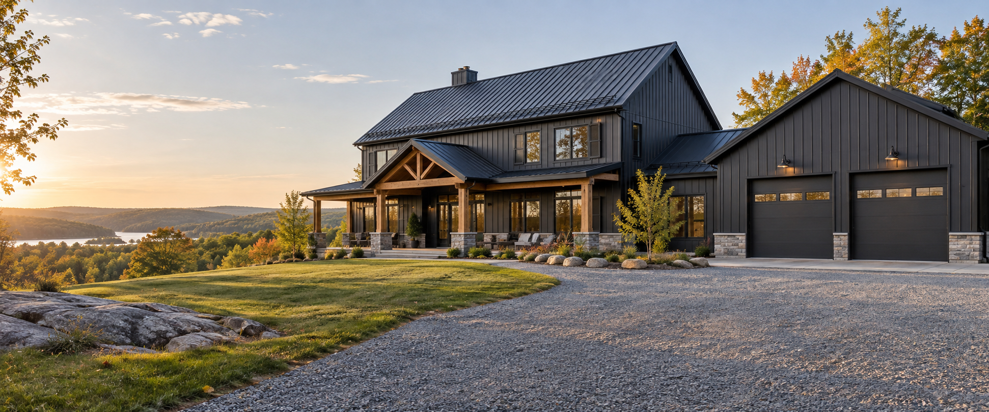 Modern charcoal barndominium with timber accents and an attached workshop in the Ontario countryside