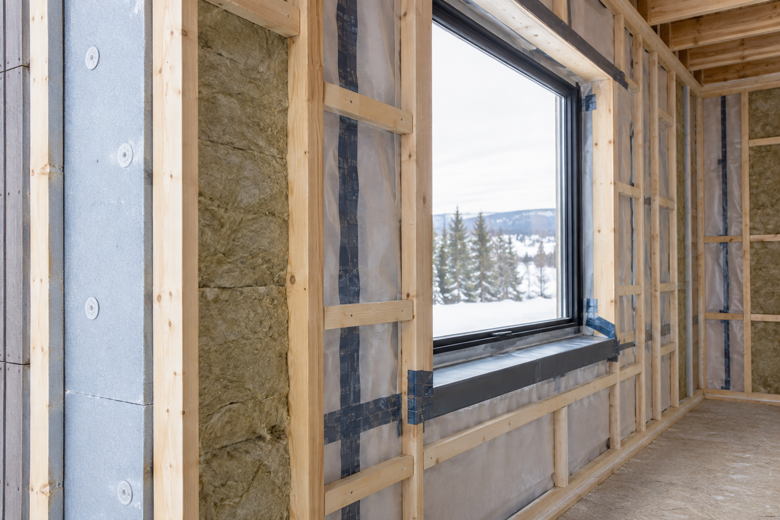 High-performance cold-climate wall assembly under construction with continuous insulation and sealed air control layers