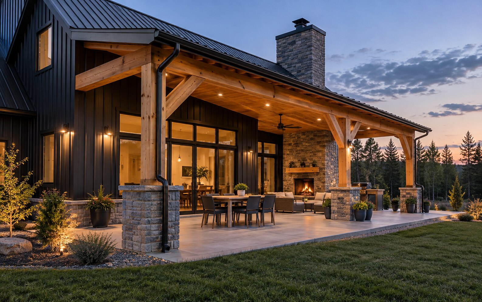 Covered barndominium porch with timber beams, black steel, concrete patio and warm integrated lighting