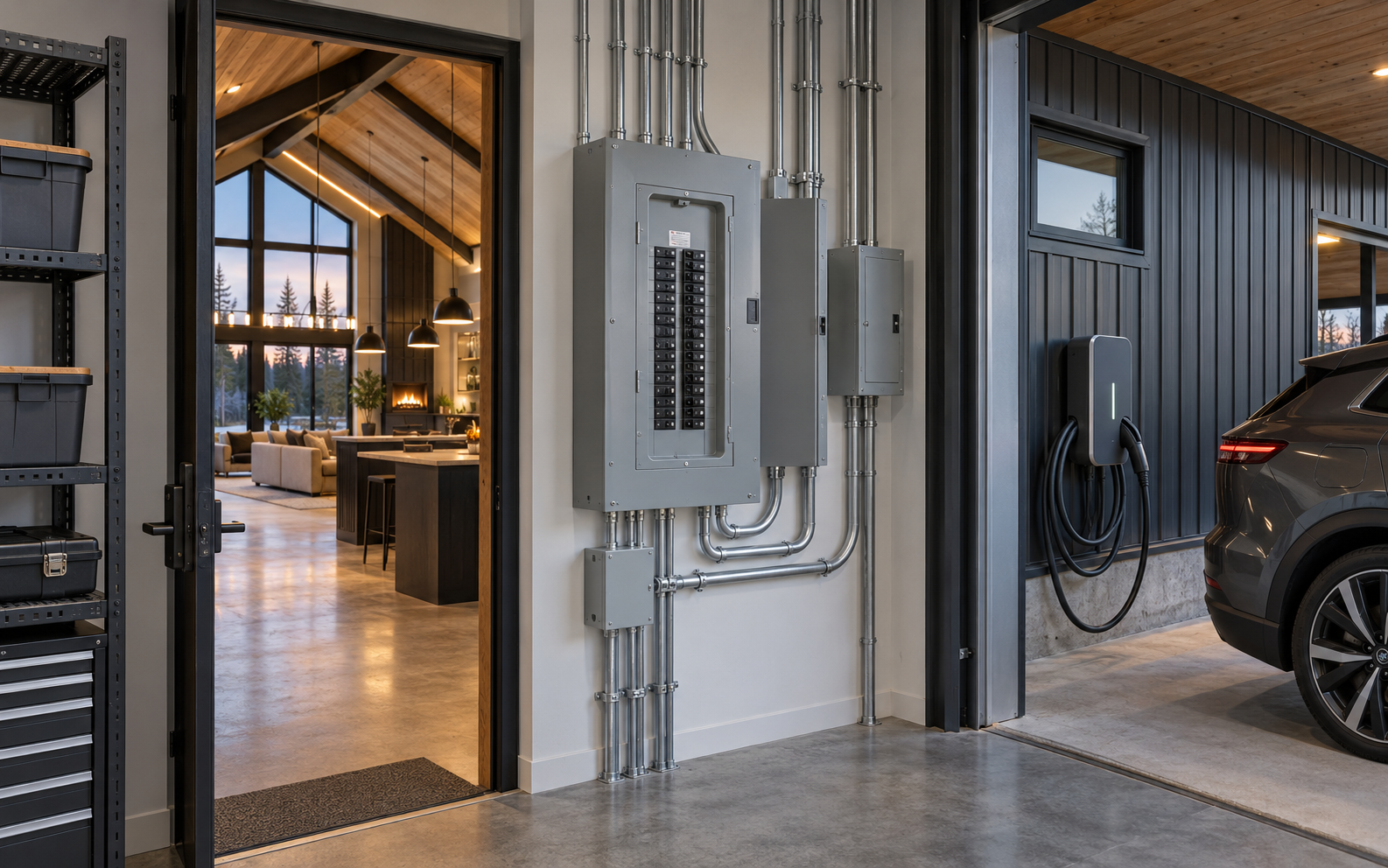 Modern electrical service panel, architectural lighting and Level 2 electric vehicle charger in a barndominium