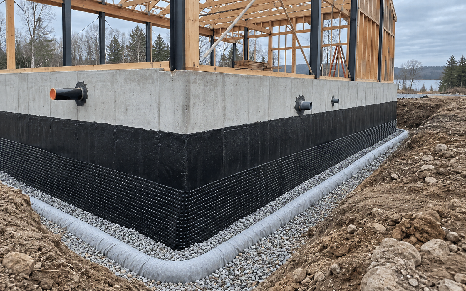 Barndominium foundation showing concrete, exterior waterproofing membrane, drainage layer, weeping tile, under-slab insulation and vapour protection