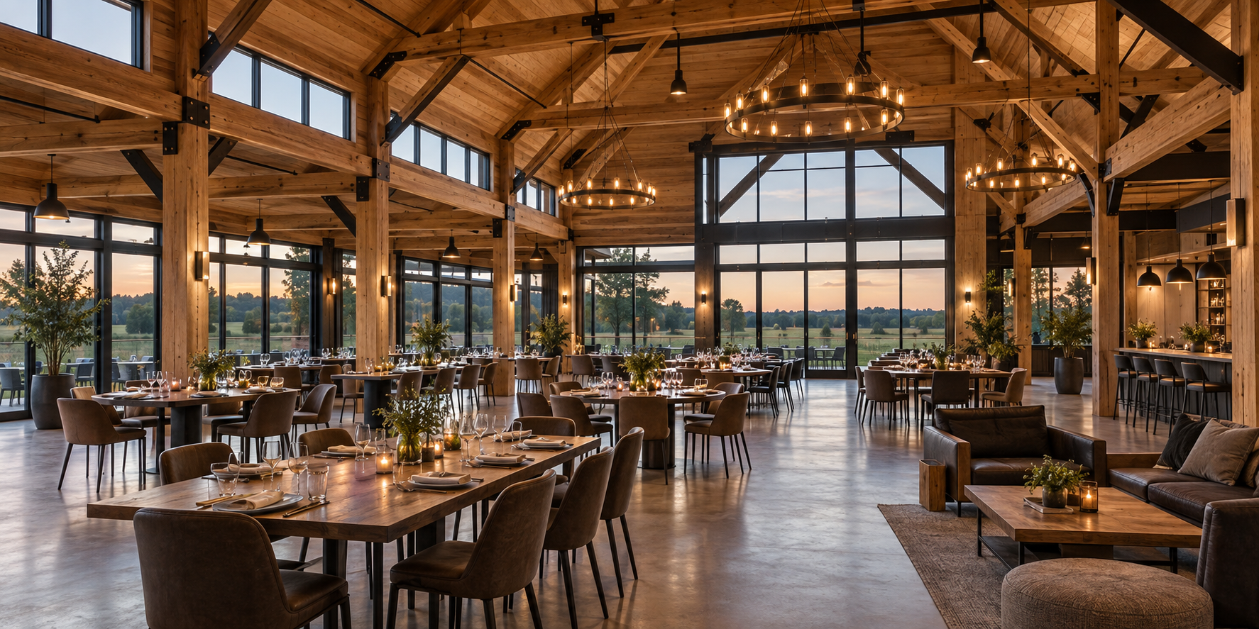 Timber and steel hospitality interior arranged as a restaurant and event space