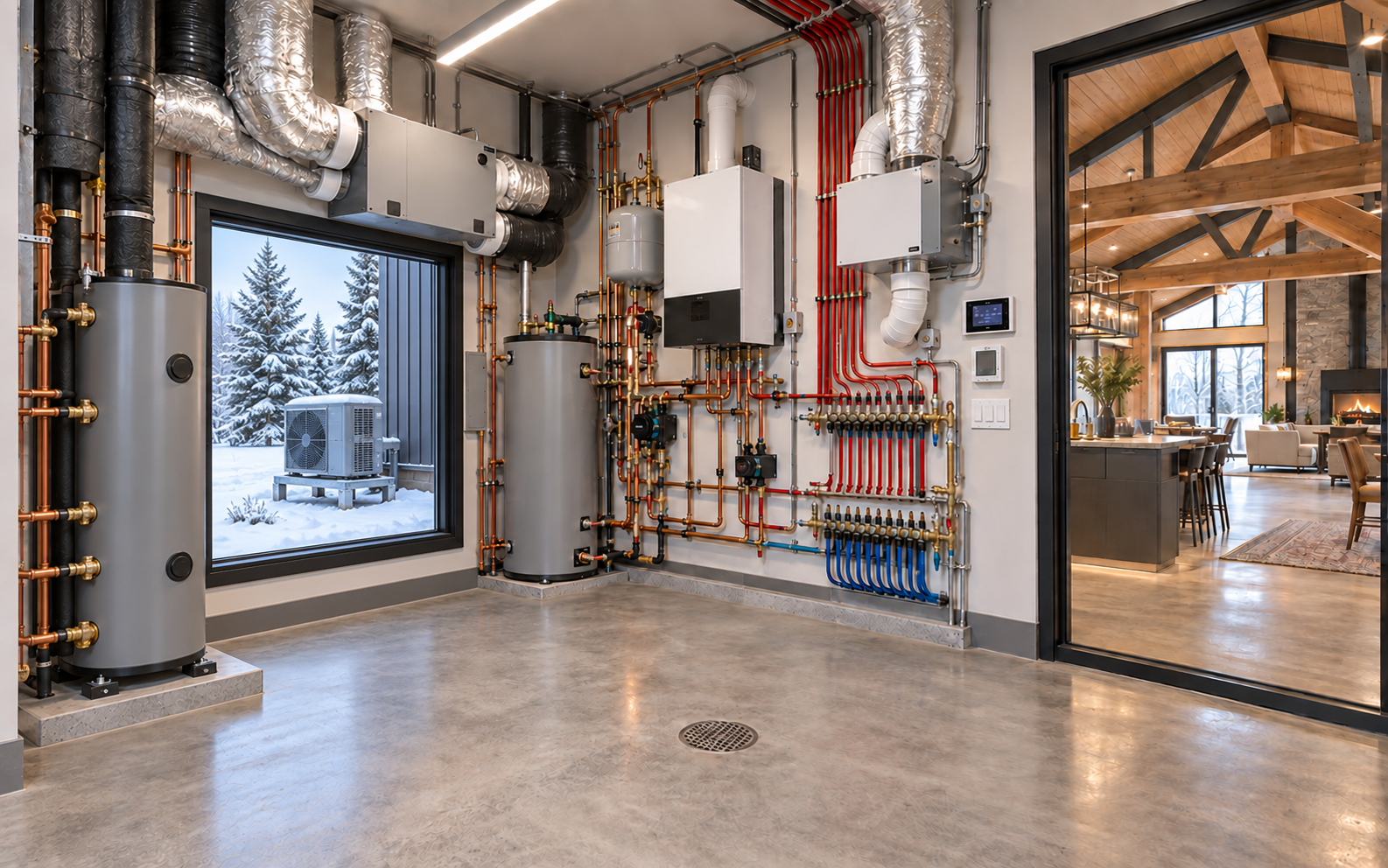 Organized barndominium mechanical room with heat pump, HRV ventilation, boiler and radiant-floor heating manifolds