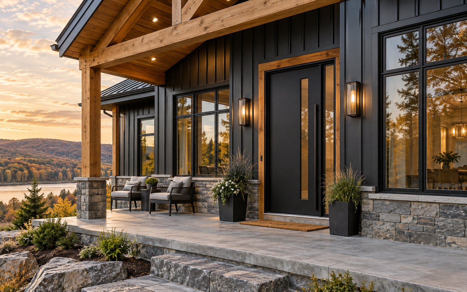 Premium black windows and exterior entry door installed in a modern Canadian barndominium