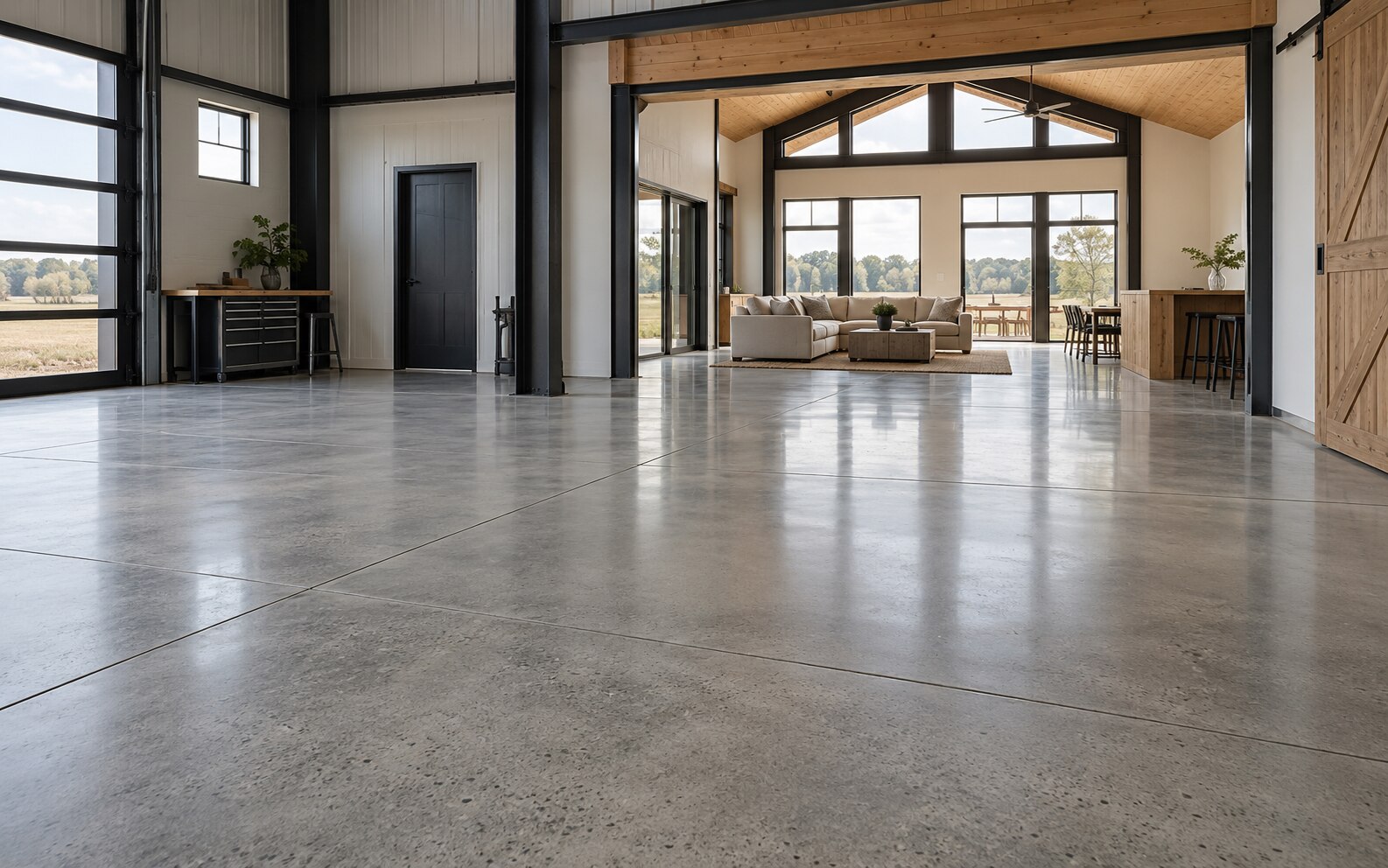 Precisely finished polished concrete floor with clean control joints in a modern barndominium interior