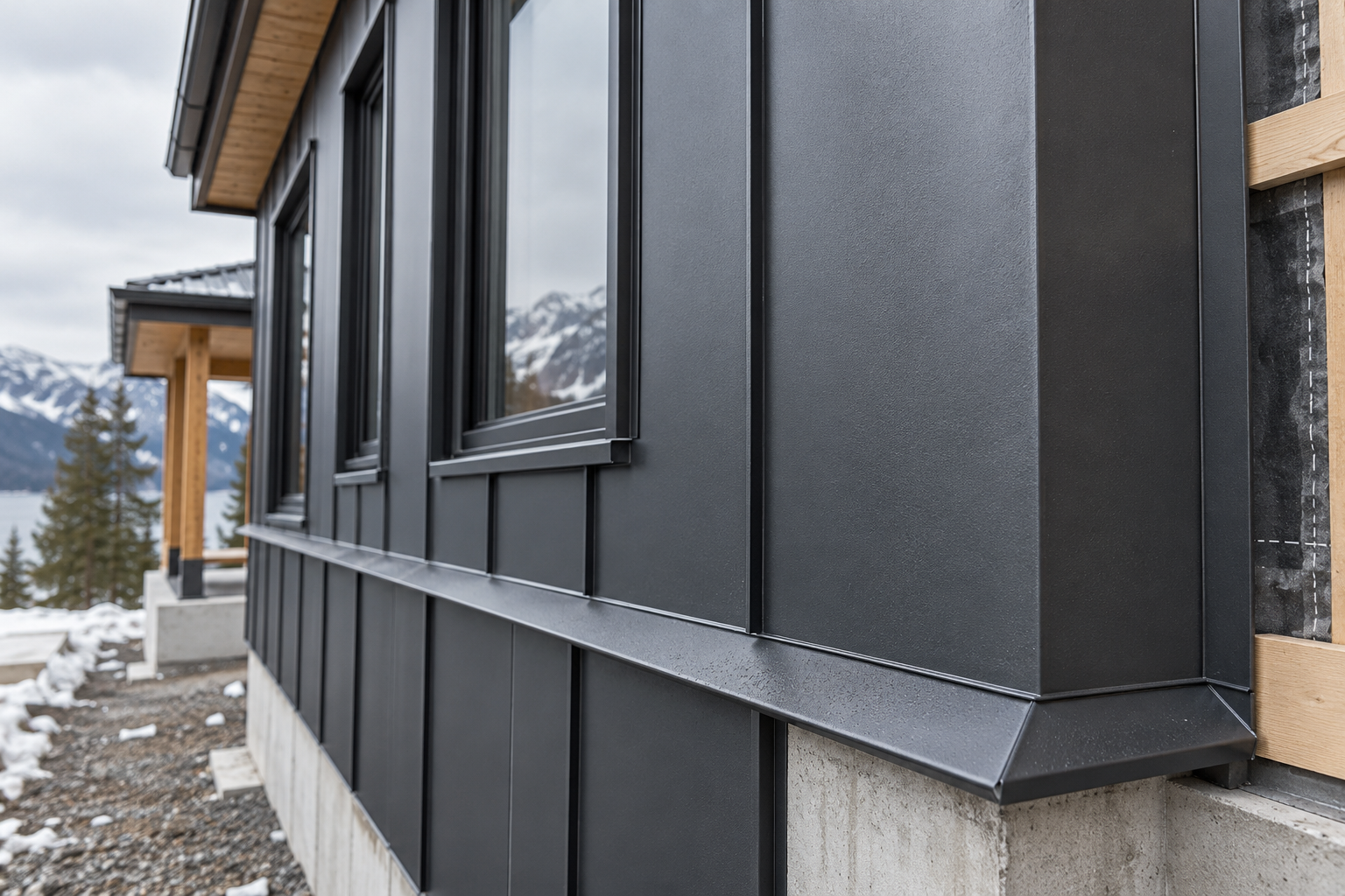 Close detail of precisely installed charcoal steel exterior cladding, trim and flashing